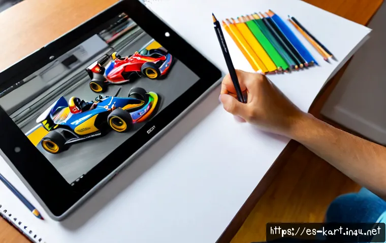 카트라이더 팬아트 도전 가이드 - Photorealistic young Spanish digital artist at a bright home studio desk, creating colorful cartoon-...