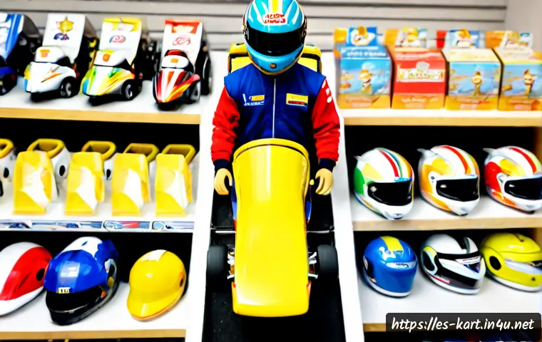 카트라이더 공식 상품 정보 - Photorealistic official-style kart racing game merchandise display in a bright Spanish toy and gamin...