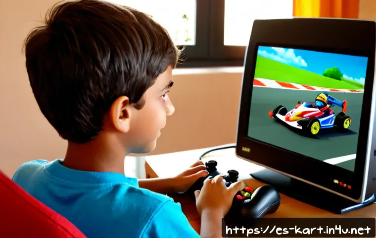 카트라이더 초보 유저의 성공 스토리 - Photorealistic scene of a young Spanish-speaking beginner racing game player at a tidy home desk, ha...
