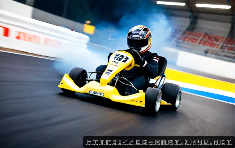 Home 17 카트라이더 드리프트 기술 팁 - Photorealistic cinematic scene of a skilled kart racer executing a controlled drift through a sweepi...