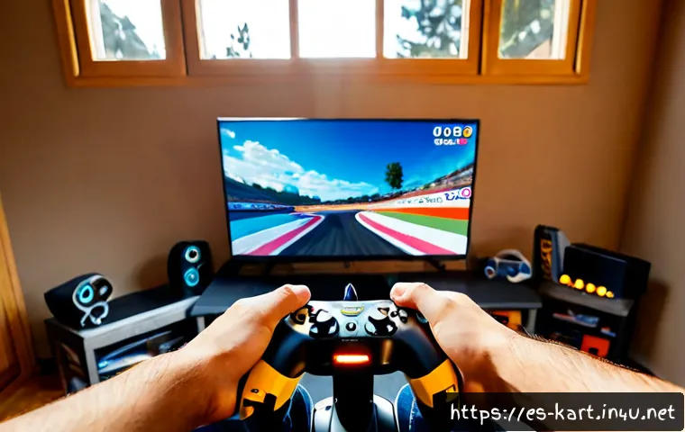 Home 17 카트라이더 초보자를 위한 드리프트 비법 - Photorealistic Spanish young adult gamer learning kart racing drift techniques at a clean home desk,...
