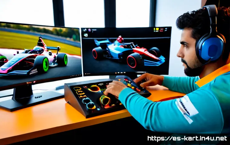 카트라이더 공식 리그 데이터 분석 - Photorealistic esports data analyst in a modern Madrid gaming studio, studying colorful kart racing ...
